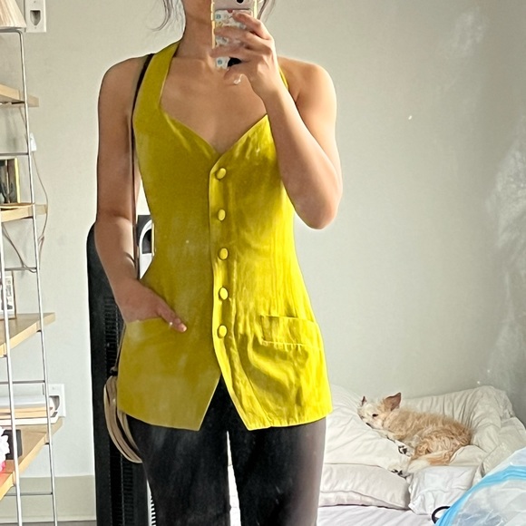 SOLD Vintage Donna Karan Halter neck Vest Medium Silk Chartreuse - Picture 2 of 13